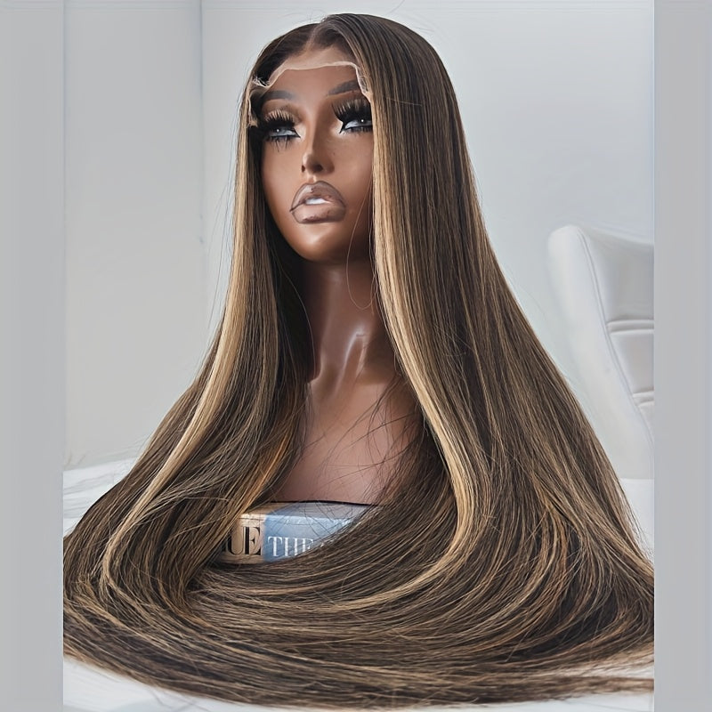 13X4 Highlight Lace Front Wigs 200% Density Balayage Long Straight Wigs Pre Plucked Glueless Brown Lace Front Wigs For Fashion Women Girls Party Vacation Daily Used Valentine'S Day 28inch
